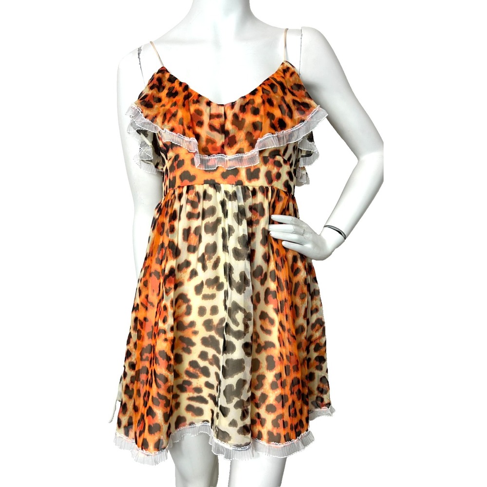 Pencey Leopard Silk Slip Dress 6 Animal Print White Lace Ruffle Babydoll Indie